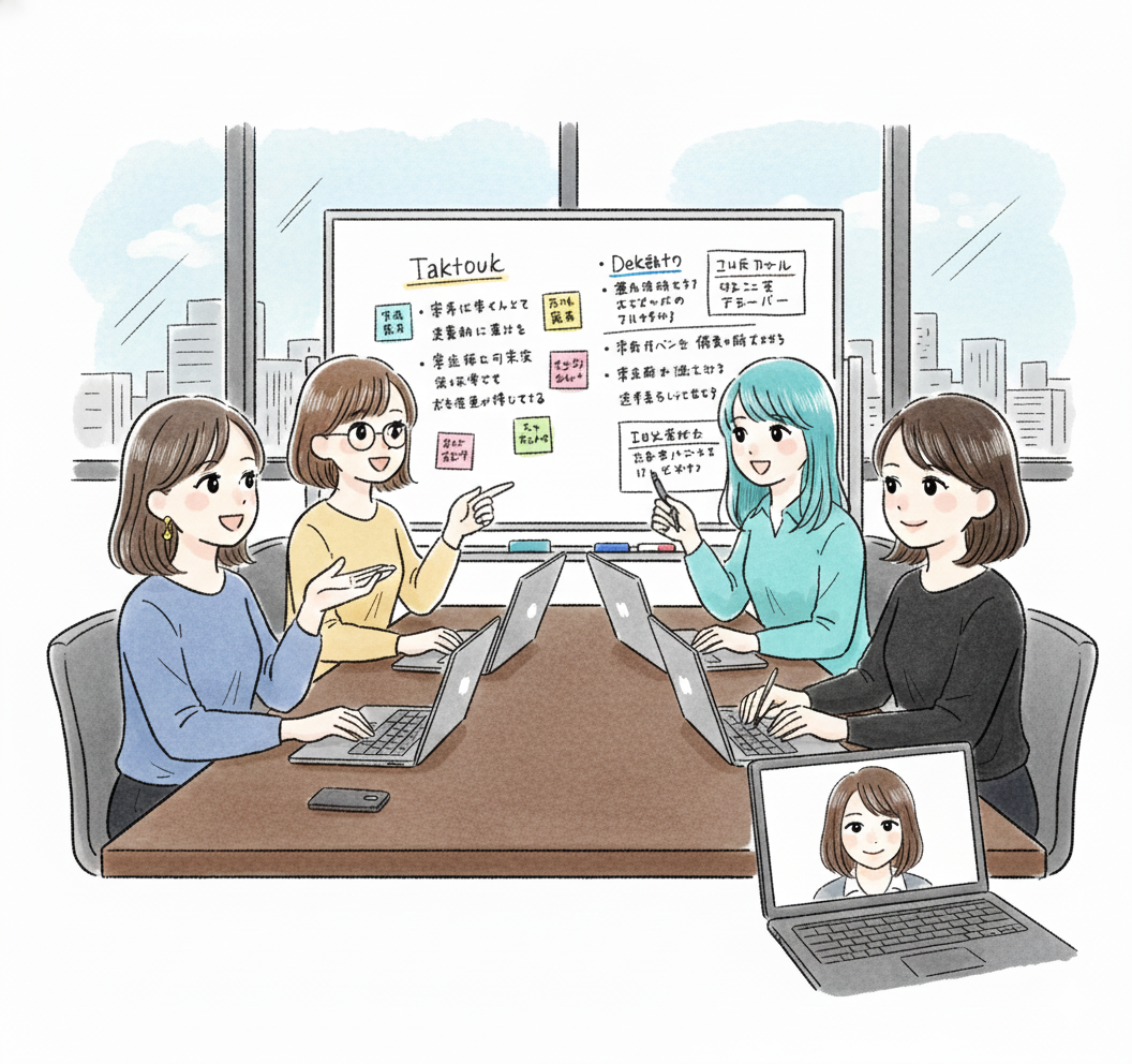 4人の女性がパソコンを前に会議しているイラスト